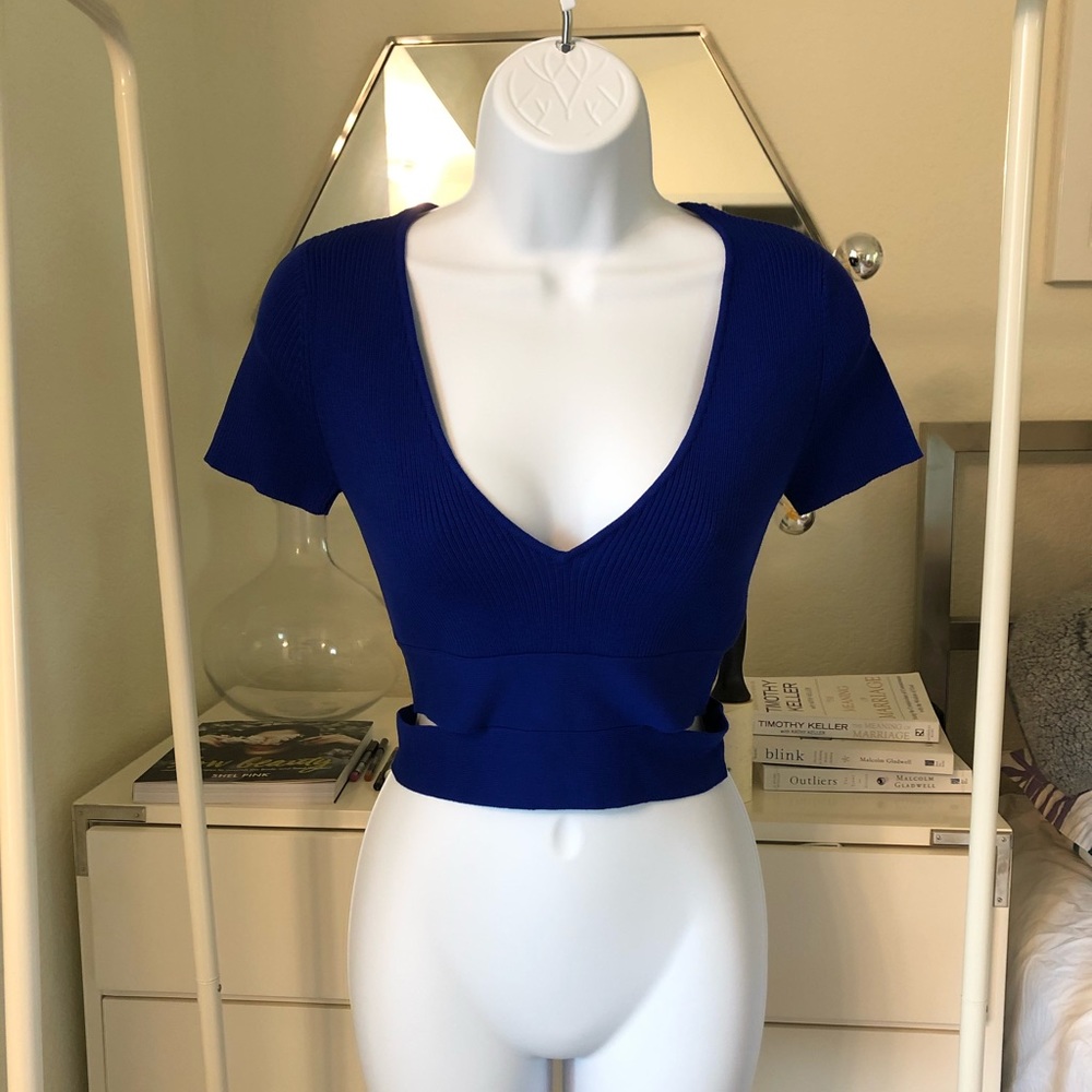 Zara blue knit short sleeve top side slits S NWT